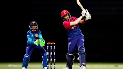 Esha Oza of United Arab Emirates bats during the ICC Women's T20 World Cup Qualifier 2024 Semi-Final match between United Arab Emirates and Sri Lanka at Zayed Cricket Stadium on May 05, 2024 in Abu Dhabi, United Arab Emirates.