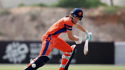 Babette De Leede of the Netherlands bats during the ICC Women's T20 World Cup Qualifier 2024 match between Zimbabwe and Netherlands at Tolerance Oval on May 01, 2024 in Abu Dhabi, United Arab Emirates.