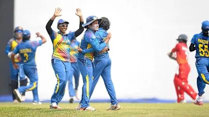 Logo of Srilanka's Chamari Polgampola celebrates after taking the wicket of Zimbabwes Modester Mupachikwa in their Group A match in the ICC Womens World Cup Qualifiers, Colombo Sri Lanka. 11th February