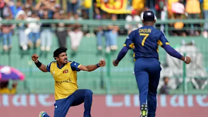 Maheesh Theekshana of Sri Lanka celebrates taking the wicket of Jacob Bethell of England (not pictured) during the ICC Men's T20 World Cup 2026 Super 8 match