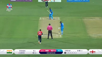Logo of Chris Jordan bowling at 148.74kph | ICC Men's T20WC 2022