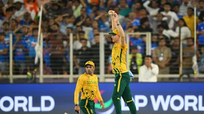 Corbin Bosch celebrates wicket of Abhishek Sharma during the ICC Men's T20 World Cup 2026 Super 8 match