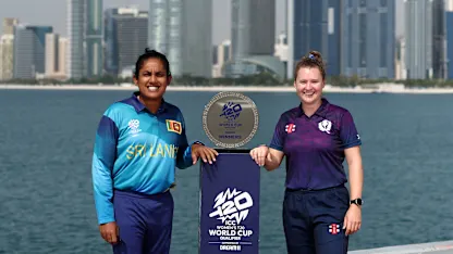 Chamari Athapaththu, captain of Sri Lanka and Kathryn Bryce, captain of Scotland pose with the trophy ahead of the ICC Women's T20 World Cup Qualifier 2024 final match between Sri Lanka and Scotland at Zayed Cricket Stadium on May 06, 2024 in Abu Dhabi, United Arab Emirates.