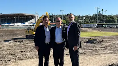 Knight Riders Sports CEO Venky Mysore, Pomona Mayor Tim Sandoval and ICC Chief Executive Sanjog Gupta