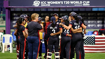 Players of the USA huddle prior to the ICC Women's T20 World Cup Qualifier 2024 match between Thailand and USA at Zayed Cricket Stadium on May 01, 2024 in Abu Dhabi, United Arab Emirates.