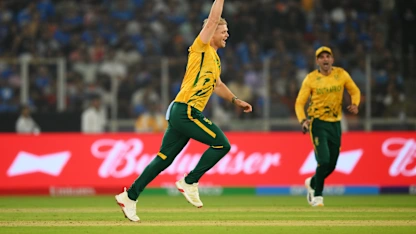 Corbin Bosch of South Africa celebrates taking the wicket of Washington Sundar of India during the ICC Men's T20 World Cup 2026 Super 8 match 