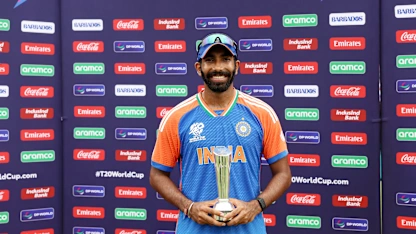 Logo of Double celebration for Bumrah with Player of the Tournament award | T20WC 2024
