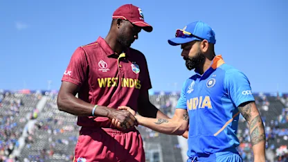 Jason Holder of West Indies and Virat Kohli of India shake hands during the Group Stage match of the ICC Cricket World Cup 2019 between West Indies and India at Old Trafford on June 27, 2019 in Manchester, England.