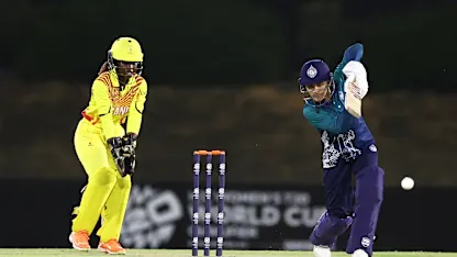 Nattakan Chantam of Thailand plays a shot as Kevin Awino of Uganda keeps during the ICC Women's T20 World Cup Qualifier 2024 match between Uganda and Thailand at Tolerance Oval on April 29, 2024 in Abu Dhabi, United Arab Emirates.