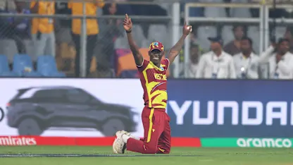 Shamar Joseph of West Indies celebrates the wicket of Blessing Muzarabani of Zimbabwe during the ICC Men's T20 World Cup 2026 Super 8 match