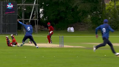 Logo of ICC Men's T20 World Cup Europe Final 2019, Jersey v Italy: Athletic fielding brings Italy a wicket