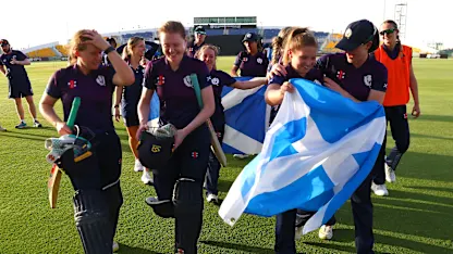 Players of Scotland celebrate victory following the ICC Women's T20 World Cup Qualifier 2024 Semi-Final match between Ireland and Scotland at Zayed Cricket Stadium on May 05, 2024 in Abu Dhabi, United Arab Emirates.