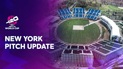Logo of Pitch installation in progress at Nassau County International Cricket Stadium for T20 World Cup