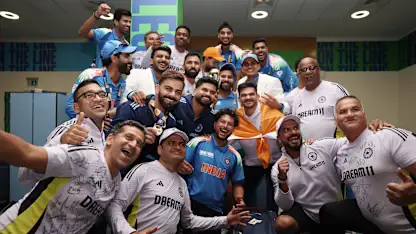 Logo of Celebrations in the Indian dressing room after their Champions Trophy 2025 triumph