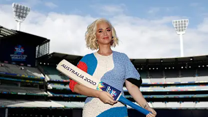 Logo of Singer Katy Perry poses during the 2020 ICC Women's T20 World Cup Media Opportunity at Melbourne Cricket Ground on March 07, 2020 in Melbourne, Australia.