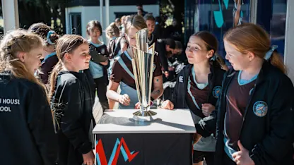 Young New Zealand cricketers with the ICC Women's T20 World Cup 2024 trophy | Women's Cricket Week 2025
