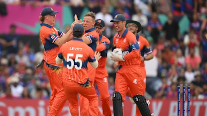 Logo of Logan van Beek hits his straps for Netherlands | NED v NEP | T20WC 2024