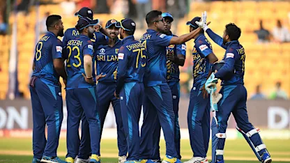 Logo of Kusal Mendis of Sri Lanka celebrates the run out wicket of Adil Rashid of England during the ICC Men's Cricket World Cup India 2023 between England and Sri Lanka