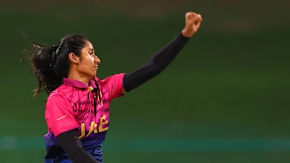 Khushi Sharma of United Arab Emirates bowls during the ICC Women's T20 World Cup Qualifier 2024 Semi-Final match between United Arab Emirates and Sri Lanka at Zayed Cricket Stadium on May 05, 2024 in Abu Dhabi, United Arab Emirates.