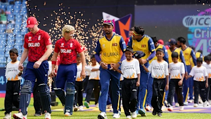 Harry Brook of England and Dasun Shanaka of Sri Lanka lead the teams out prior to the ICC Men's T20 World Cup 2026 Super 8 match