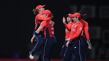 Logo of Danielle Wyatt of England(L) celebrates as she runs out Radha Yadav of India during the ICC Women's World T20 2018 Semi-Final match between England and India at Sir Viv Richards Cricket Ground on November 22, 2018 in Antigua, Antigua and Barbuda.