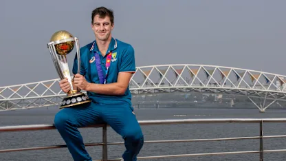 ICC Men's Cricket World Cup 2023 winning captain Pat Cummins in front of the Atal Pedestrian Bridge at the Sabarmati Riverfront