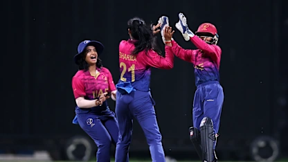 Khushi Sharma of United Arab Emirates celebrates the wicket of Heather Siegers of Netherlands during the ICC Women's T20 World Cup Qualifier 2024 match between Netherlands and United Arab Emirates at Zayed Cricket Stadium on April 29, 2024 in Abu Dhabi, United Arab Emirates.