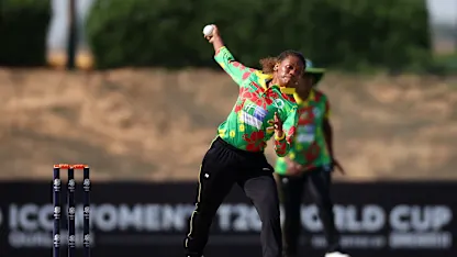 Nasiman Navaika of Vanuatu bowls during the ICC Women's T20 World Cup Qualifier 2024 match between Vanuatu and Netherlands at Tolerance Oval on April 27, 2024 in Abu Dhabi, United Arab Emirates.