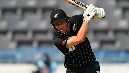 Logo of Will Young clubs a six back over the bowlers head for New Zealand | CWC23