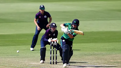 Leah Paul of Ireland bats during the ICC Women's T20 World Cup Qualifier 2024 Semi-Final match between Ireland and Scotland at Zayed Cricket Stadium on May 05, 2024 in Abu Dhabi, United Arab Emirates.