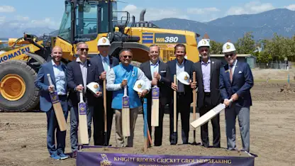 ICC Chief Executive Sanjog Gupta, LA28 Vice President of Sports Niccolò Campriani, Pomona Mayor Tim Sandoval, Consul General of India in Los Angeles Dr. K. J. Srinivasa, Knight Riders Sports CEO Venky Mysore, and Fairplex President and CEO Walter Marquez