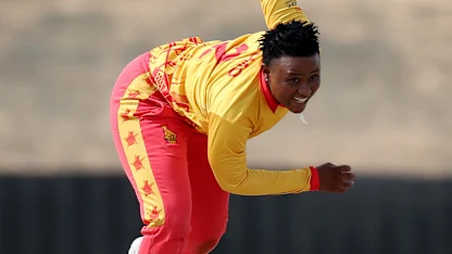 Josephine Nkomo of Zimbabwe bowls during the ICC Women's T20 World Cup Qualifier 2024 match between Zimbabwe and Netherlands at Tolerance Oval on May 01, 2024 in Abu Dhabi, United Arab Emirates.