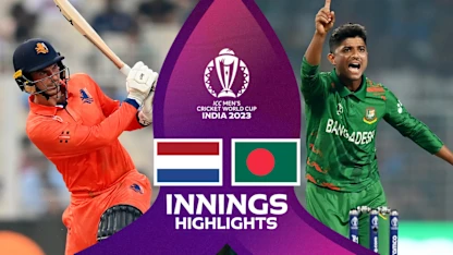 Logo of Late fight helps Netherlands to competitive total | Innings Highlights | CWC23