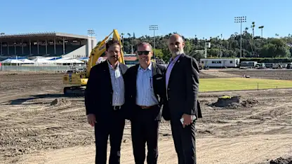 Knight Riders Sports CEO Venky Mysore, Fairplex President and CEO Walter Marquez and ICC CEO Sanjog Gupta (left to right) in Pomona.