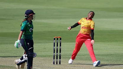 Audrey Mazvishaya of Zimbabwe in bowling action during the ICC Women's T20 World Cup Qualifier 2024 match between Ireland and Zimbabwe at Zayed Cricket Stadium on April 29, 2024 in Abu Dhabi, United Arab Emirates.