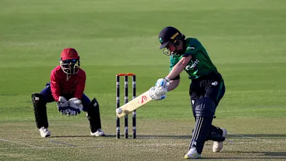 Orla Prendergast of Ireland hits four runs, to secure victory for Ireland, during the ICC Women's T20 World Cup Qualifier 2024 match between Ireland and United Arab Emirates at Zayed Cricket Stadium on April 25, 2024 in Abu Dhabi, United Arab Emirates.