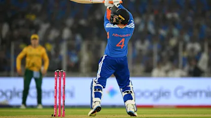 Abhishek Sharma of India hits a six during the ICC Men's T20 World Cup 2026 Super 8 match
