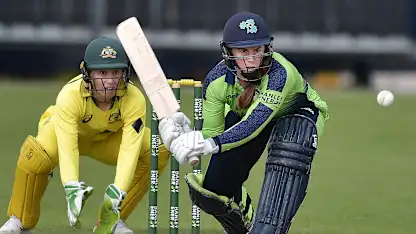 Logo of Mary Waldron of Ireland at bat during the Ireland Women v Australia Women - T20I Tri-Series match