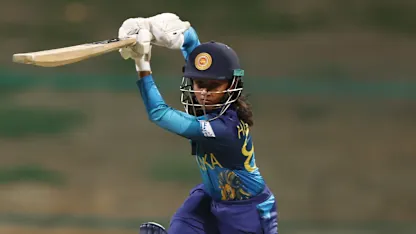 Harshitha Madavi of Sri Lanka plays a shot during the ICC Women's T20 World Cup Qualifier 2024 Final match between Scotland and Sri Lanka at Zayed Cricket Stadium on May 07, 2024 in Abu Dhabi, United Arab Emirates.
