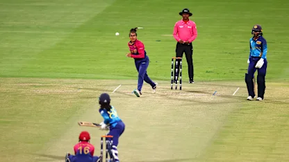 Heena Hotchandani of United Arab Emirates bowls to Harshitha Madavi of Sri Lanka during the ICC Women's T20 World Cup Qualifier 2024 Semi-Final match between United Arab Emirates and Sri Lanka at Zayed Cricket Stadium on May 05, 2024 in Abu Dhabi, United Arab Emirates.
