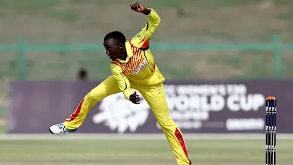 Lorna Anyait of Uganda bowls during the ICC Women's T20 World Cup Qualifier 2024 match between Sri Lanka and Uganda at Zayed Cricket Stadium on May 01, 2024 in Abu Dhabi, United Arab Emirates.