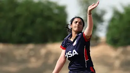 Suhani Thadani of USA in bowling action during the ICC Women's T20 World Cup Qualifier 2024 match between USA and Scotland at Tolerance Oval on April 29, 2024 in Abu Dhabi, United Arab Emirates.