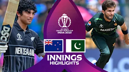Logo of Ravindra, Williamson fire up New Zealand past 400 | Innings Highlights | CWC23