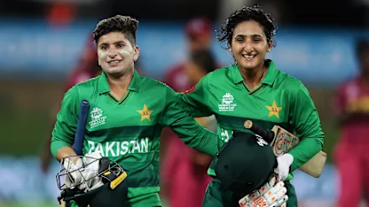 Logo of Nida Dar (L) and Bismah Maroof (R) of Pakistan celebrate victory after hitting the winning runs during the ICC Women's T20 Cricket World Cup match between the West Indies and Pakistan at Manuka Oval on February 26, 2020 in Canberra, Australia.