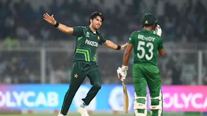Logo of Wasim rattles stumps in the 44th over | CWC23