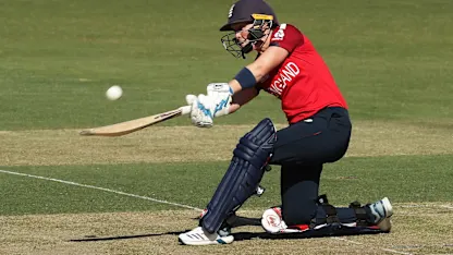 Logo of Heather Knight of England bats during the ICC Women's T20 Cricket World Cup match between England and Thailand at Manuka Oval on February 26, 2020 in Canberra, Australia.