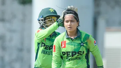 Logo of Fatima Sana takes her fourth wicket of the innings