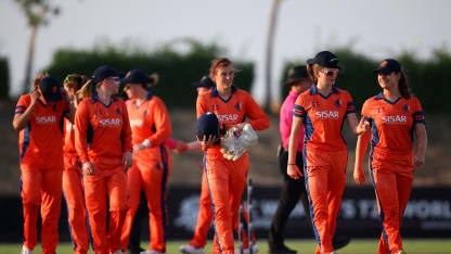 Players of Netherlands celebrate after the team's victory during the ICC Women's T20 World Cup Qualifier 2024 match between Vanuatu and Netherlands at Tolerance Oval on April 27, 2024 in Abu Dhabi, United Arab Emirates.