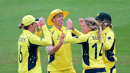 Kristen Beams celebrates the wicket of Dilani Manodara during the ICC Women's World Cup 2017 match between Sri Lanka and Australia.