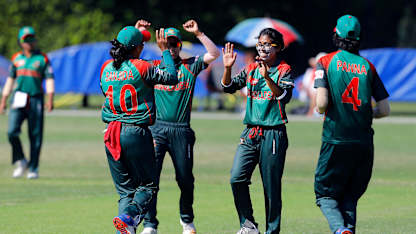 Match 7: Bangladesh team celebrates Netherlands all out, Netherlands Women v Bangladesh Women, Group B, ICC Women's World Twenty20 Qualifier at Utrecht, 8th July 2018.